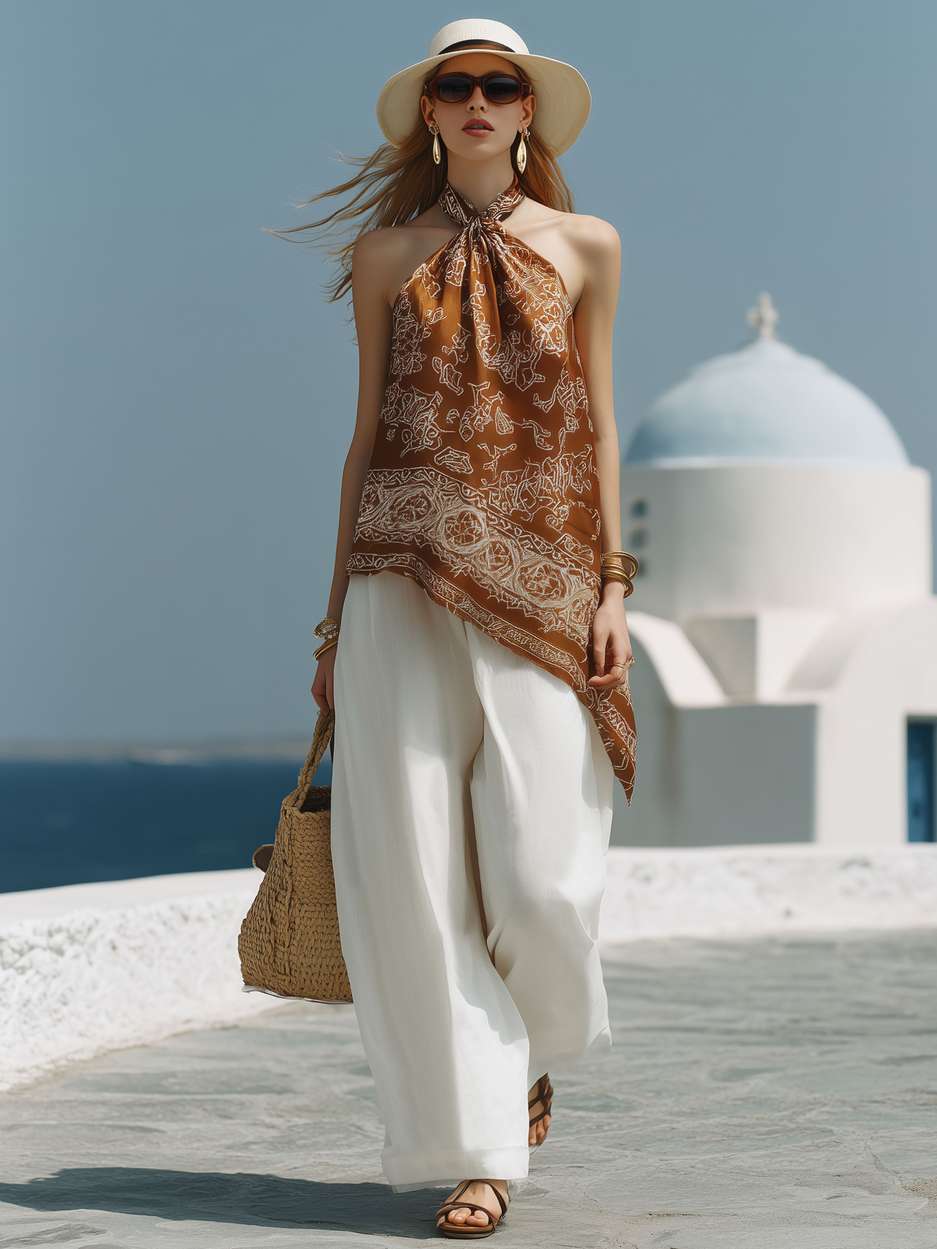 Resort-Style Satin Brown Printed Halter Neck Top And Cotton Linen Trousers Set