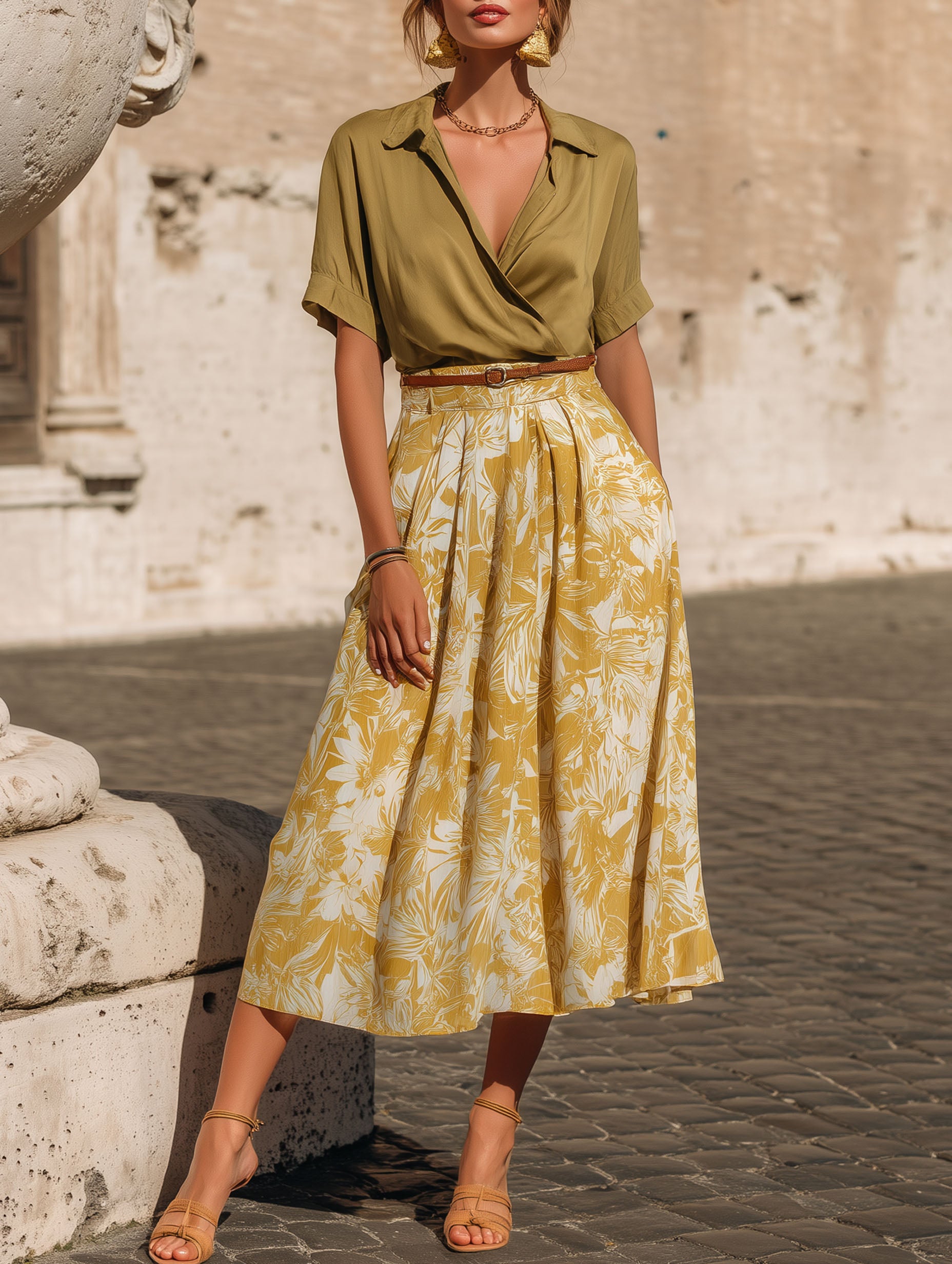 Resort-Style French Satin Green Top And Printed Skirt Set