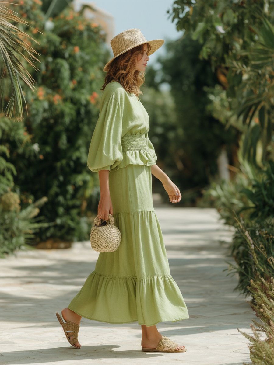 Vacation-style Cotton And Linen V-neck Long-sleeved Maxi Dress