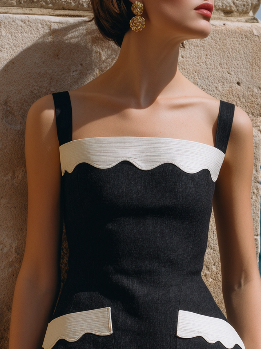 Elegant Vacation Contrasting White Wave Accents Black Shorts Jumpsuit
