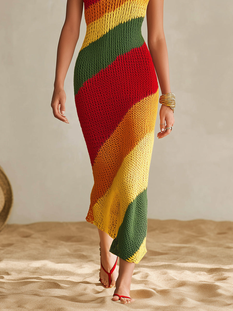 Bohemian Resort Rainbow Striped Knit Off-Shoulder Sleeveless Midi Dress