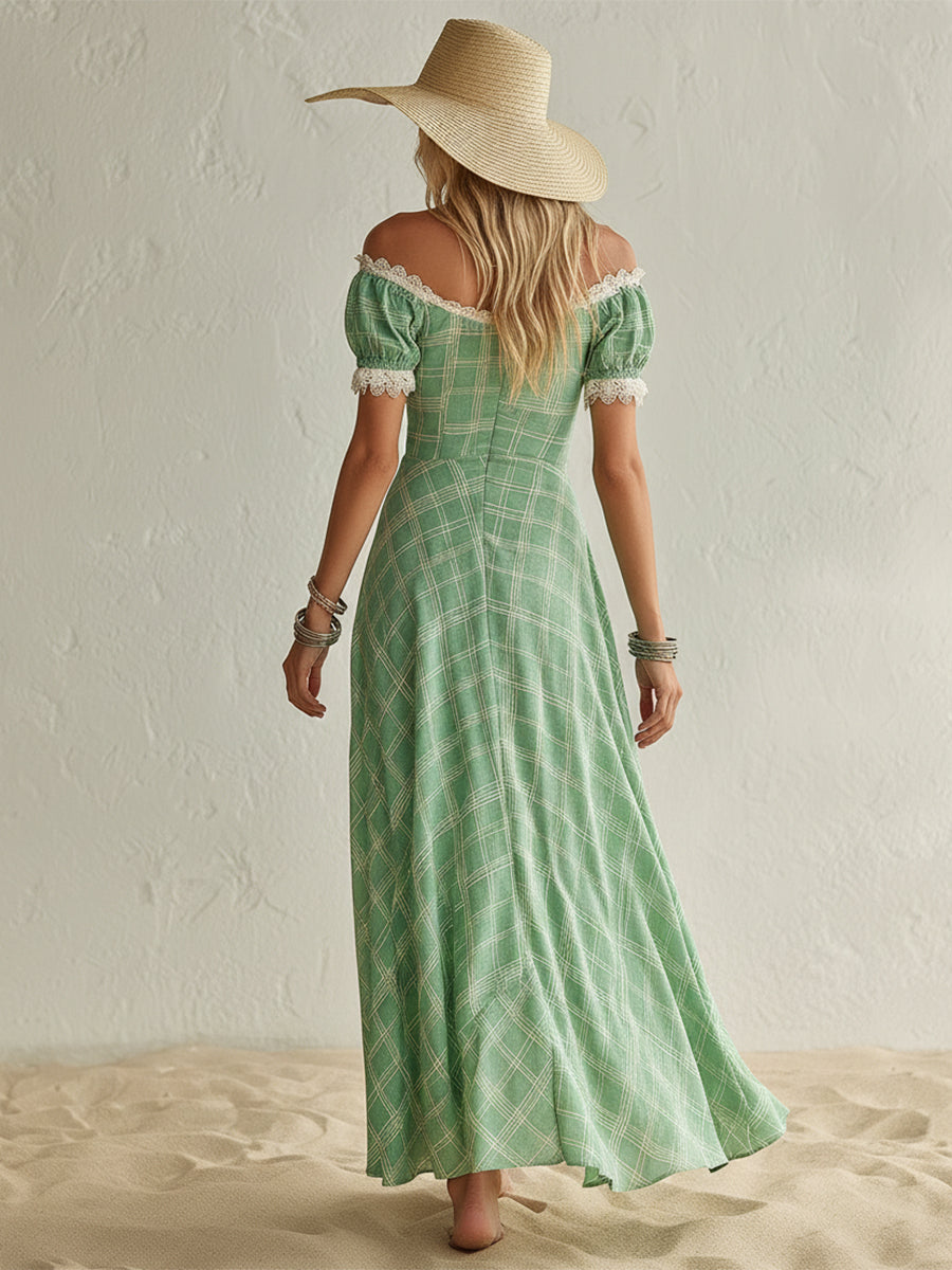 Bohemian Romantic Green Plaid Off-Shoulder Lace-Trimmed Button Midi Dress