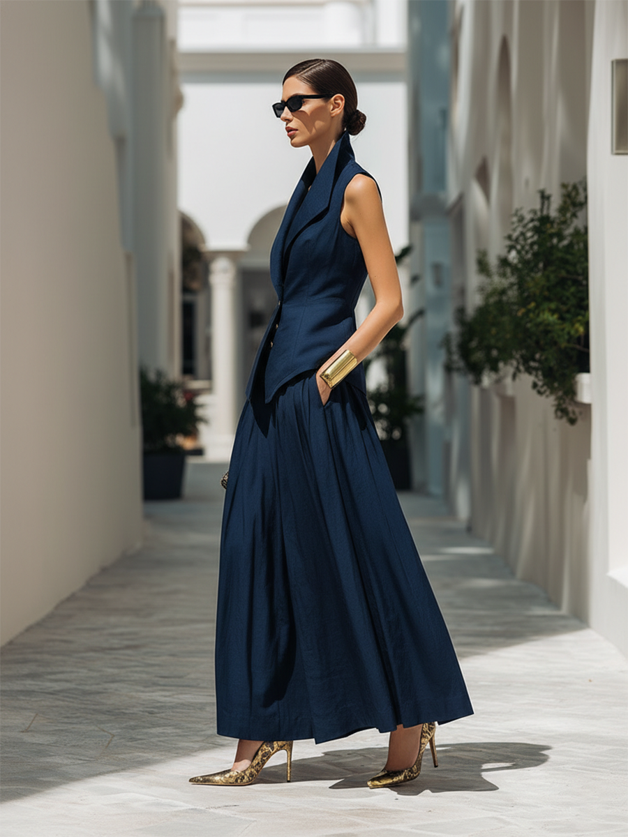 Stylish Vacation Navy Blue Vest And Wide-leg Pants Set