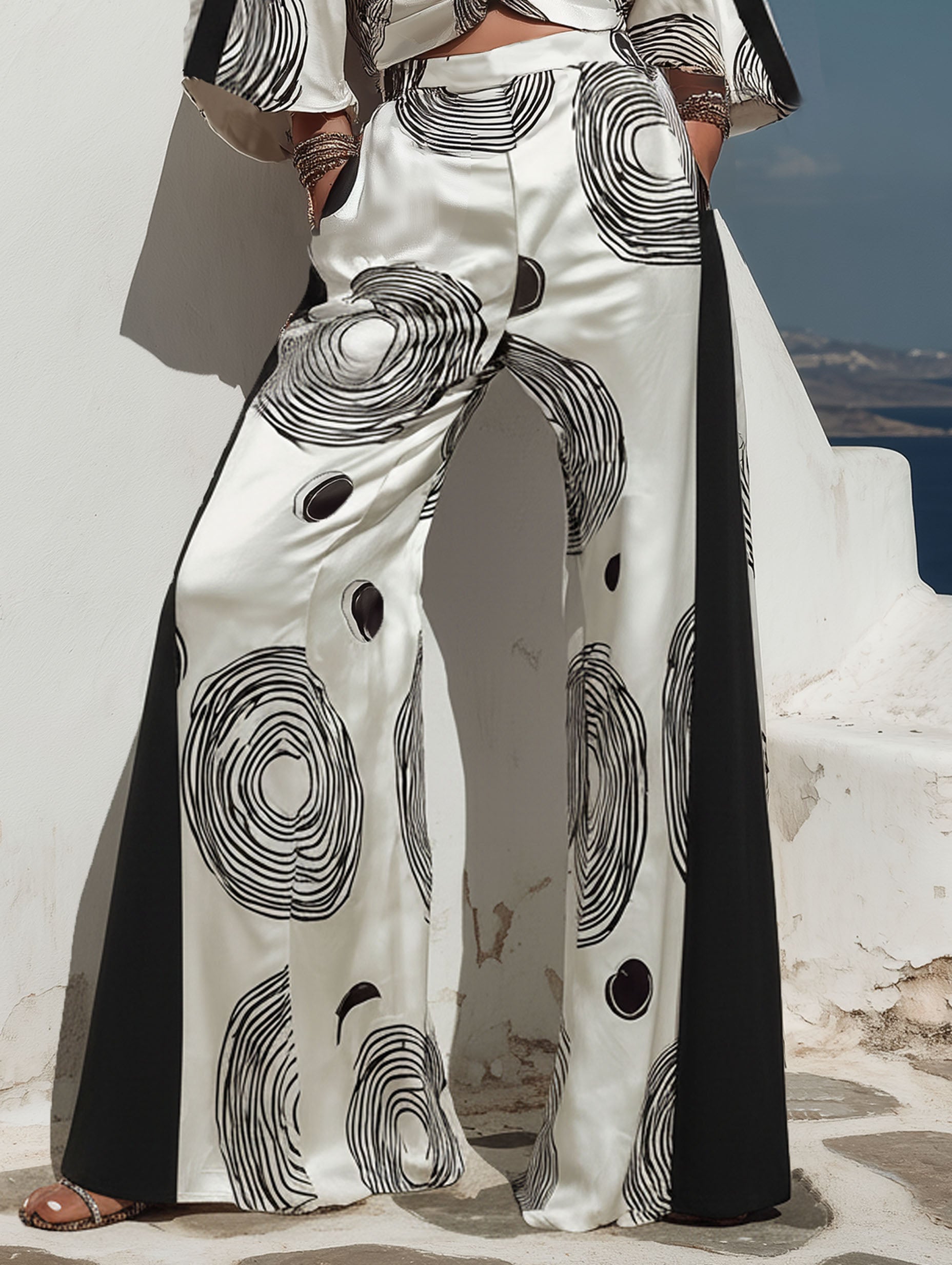 Stylish Resort Satin Polka Dot White Patchwork V-Neck Top And Wide-Leg Pants Set