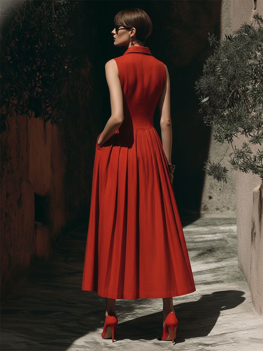 Casual Sleeveless Gathered Hem Red Maxi Dress