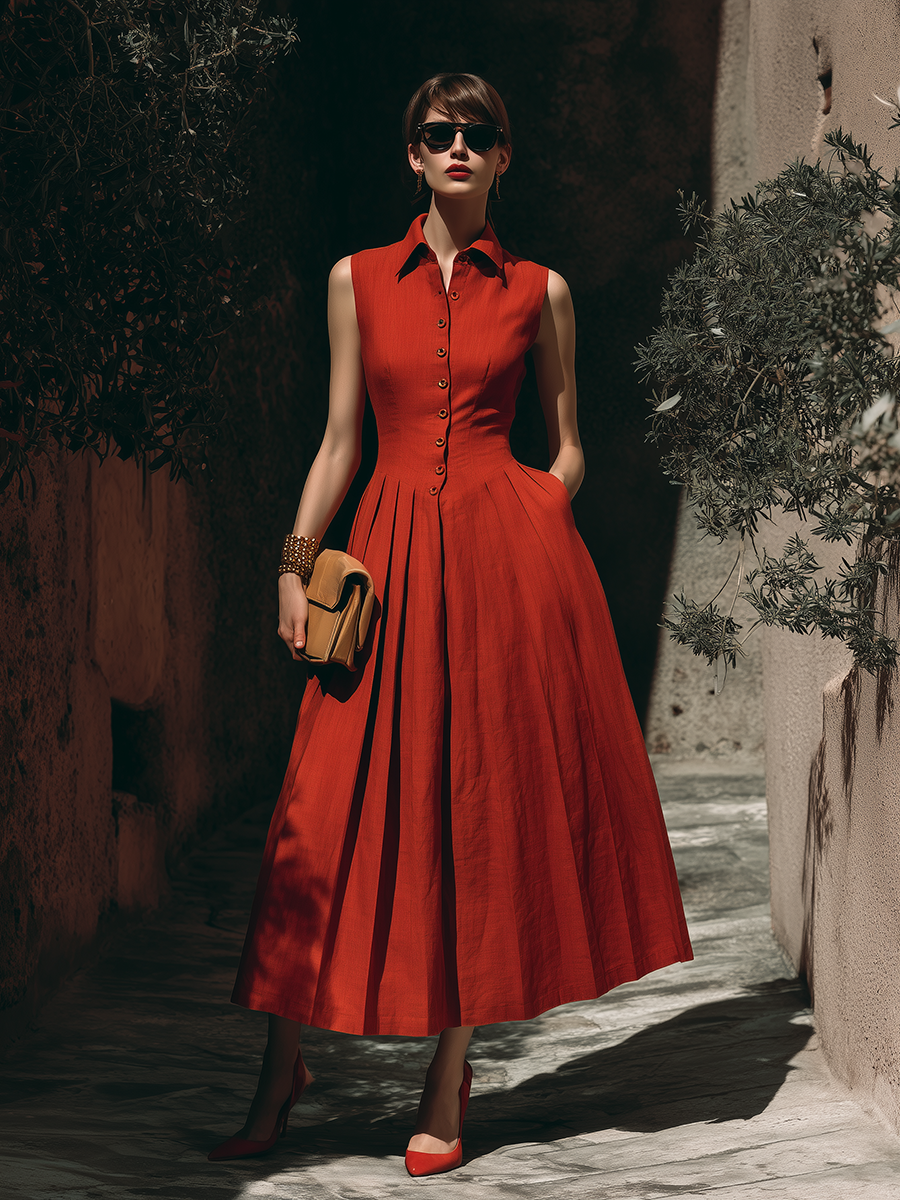 Casual Sleeveless Gathered Hem Red Maxi Dress