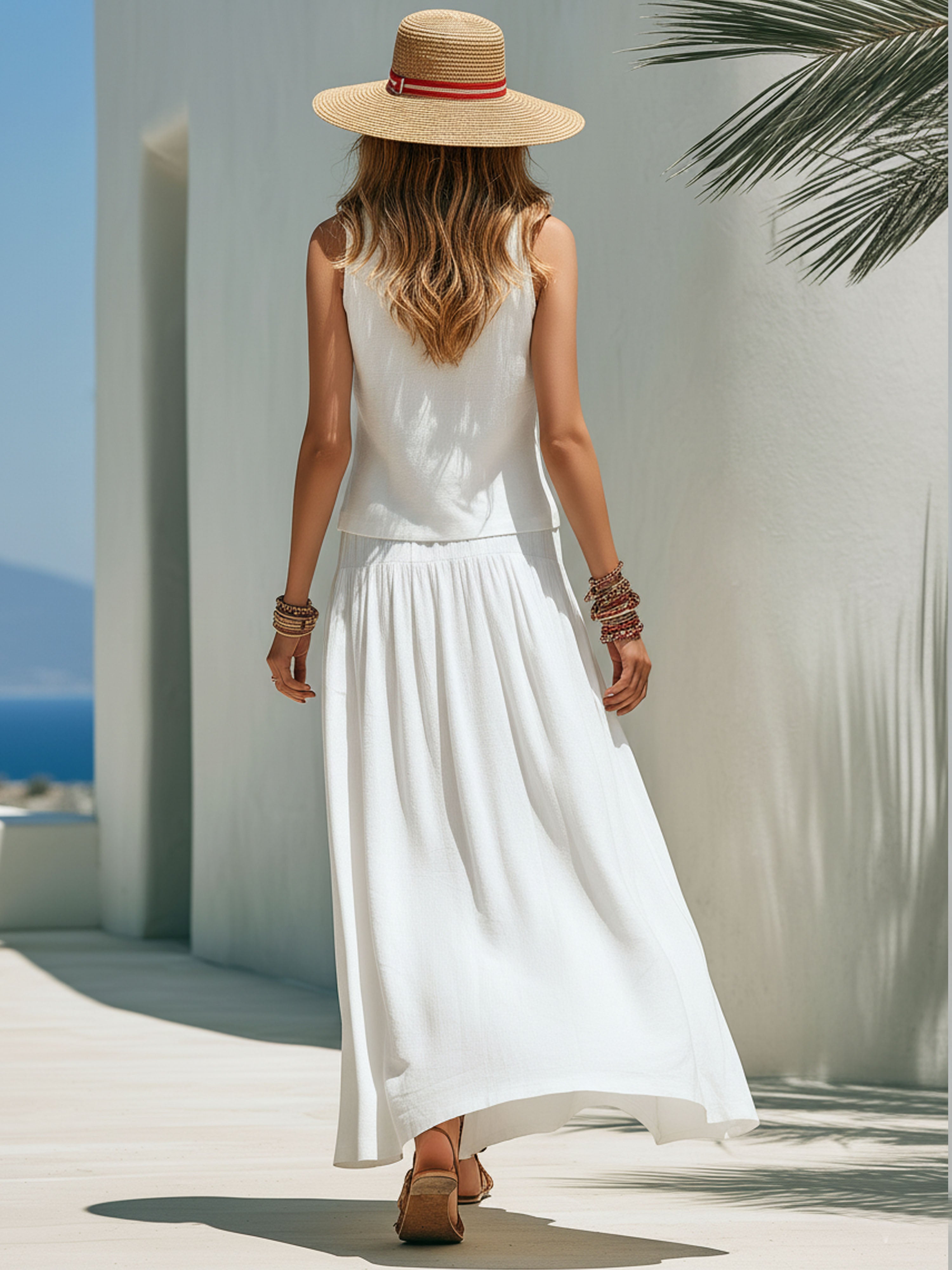 Resort-Style Cotton And Linen Red Ribbon White Sleeveless Top And Skirt Set