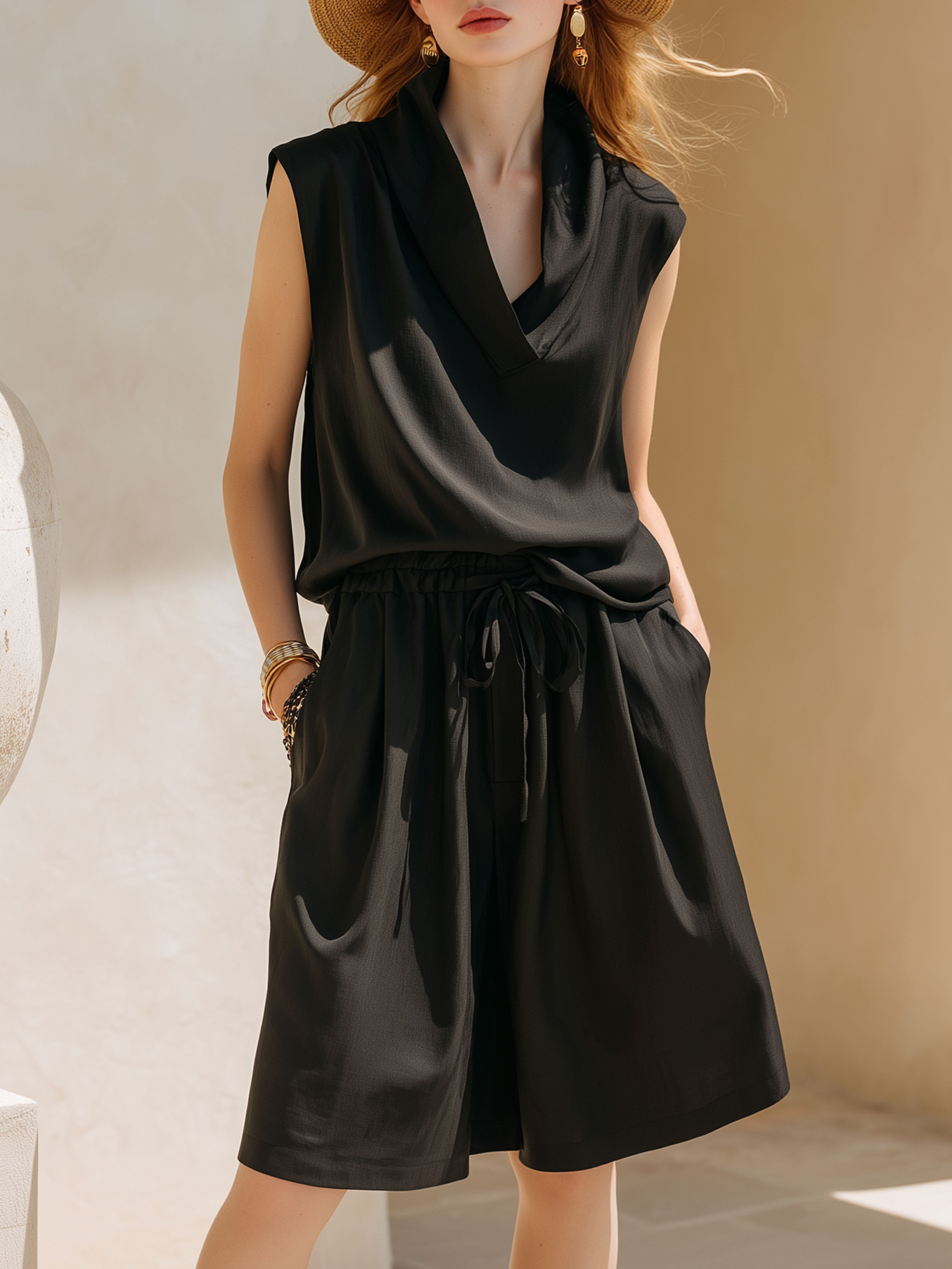 Elegant Vacation Style Tencel Black Turtleneck Sleeveless Top And Drawstring Skirt Set