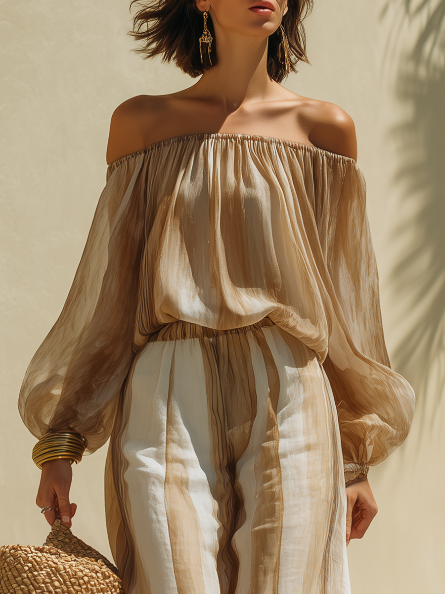 Chic Vacation-style Tencel Printed Off-the-shoulder Top And Wide-leg Pants Set