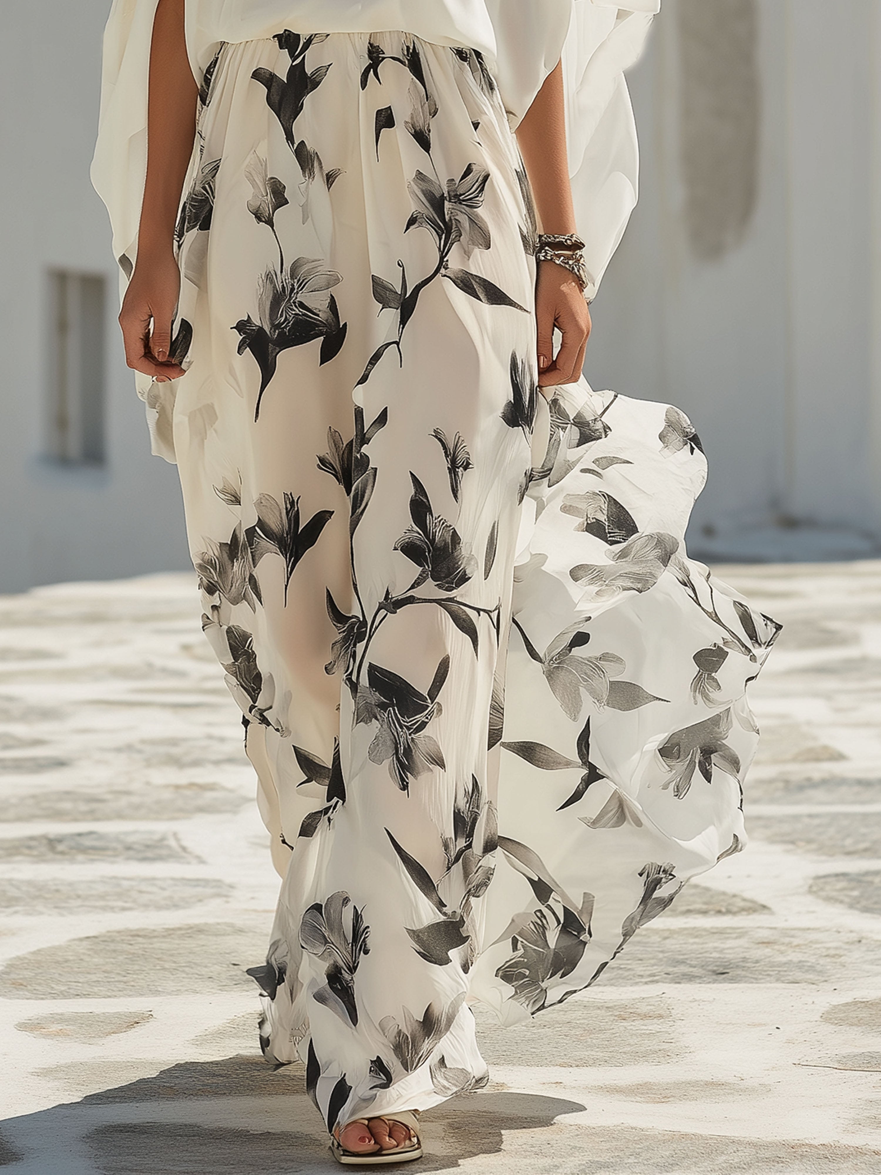 Resort White Chiffon Printed Batwing Sleeve Maxi Dress Set