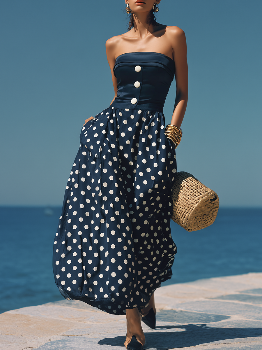 Stylish Nautical-inspired White Polka Dot Dark Blue Satin Maxi Dress