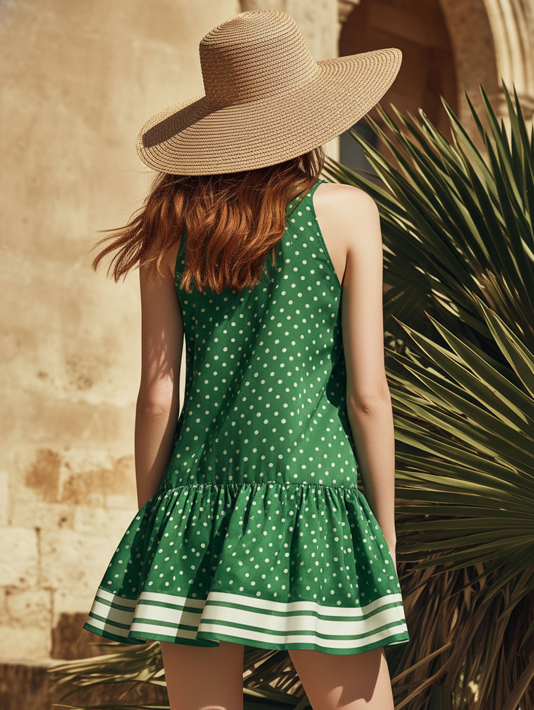 Resort-Style Satin Fabric White Polka Dot Green Sleeveless Zipper Mini Dress