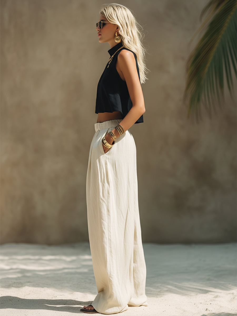 Casual Minimalist Black Cotton Linen Turtleneck Sleeveless Top And Off-white Loose-fitting Trousers Set
