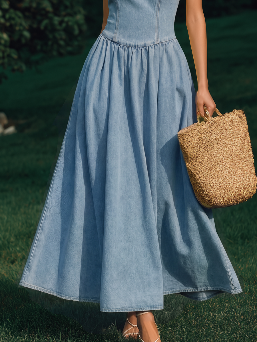 Elegant Vacation Sleeveless A-Line Denim Maxi Dress