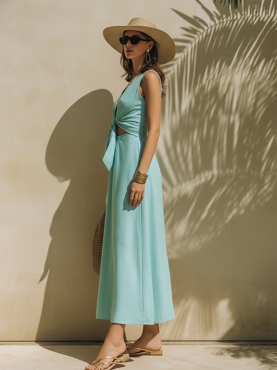 Elegant Front-tie Sleeveless Teal Maxi Dress