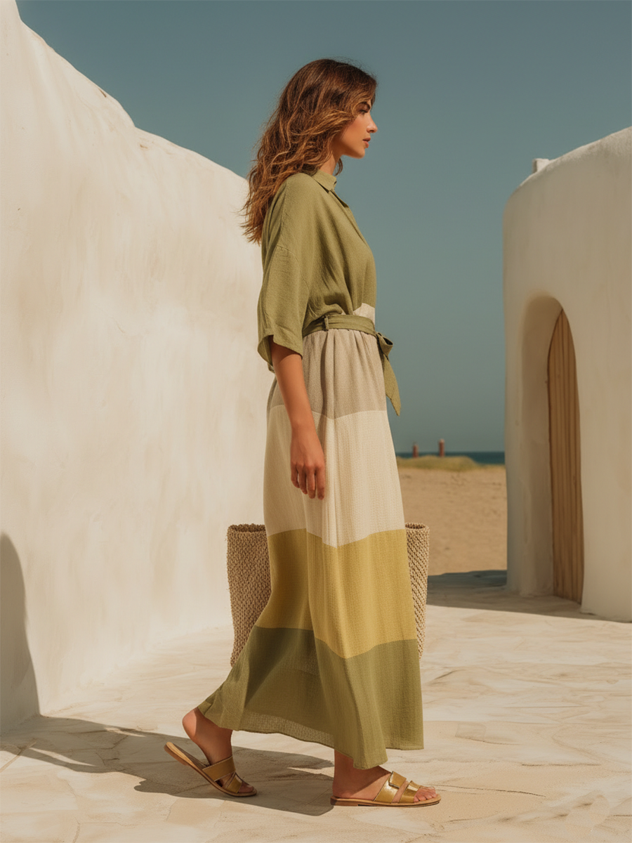 Vacation-style Cotton And Linen V-neck Long-sleeved Color-block Maxi Dress
