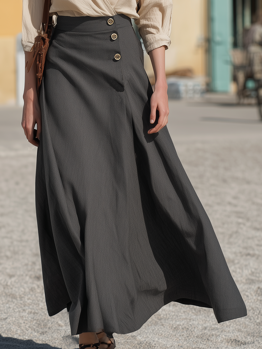 Resort Style Cotton Linen V-Neck Long-Sleeved Top And Skirt Set
