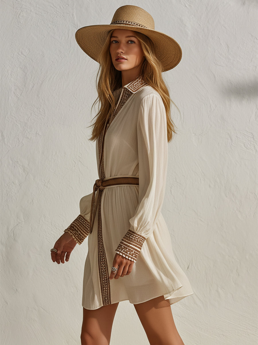 Casual Vacation Brown Ribbon Beige Cotton Linen Mini Dress