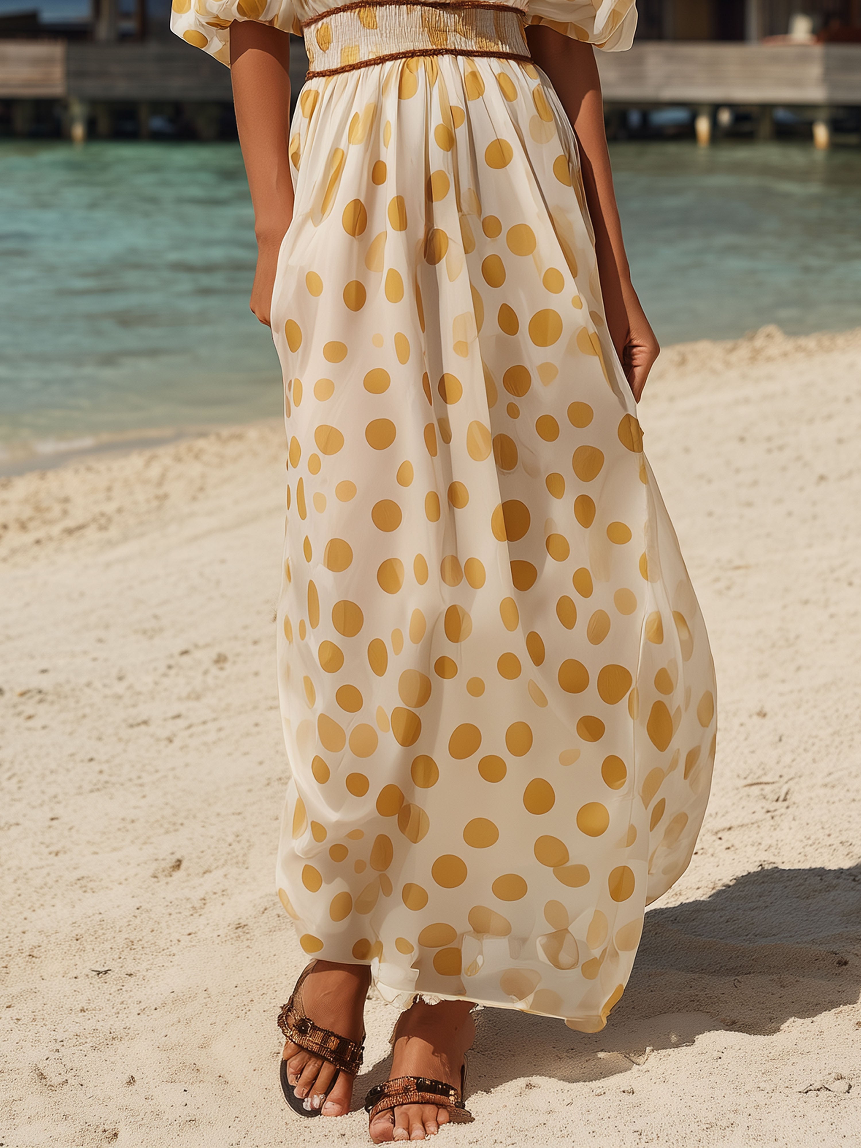 Resort Chiffon Yellow Polka Dot Off-Shoulder Beige Maxi Dress