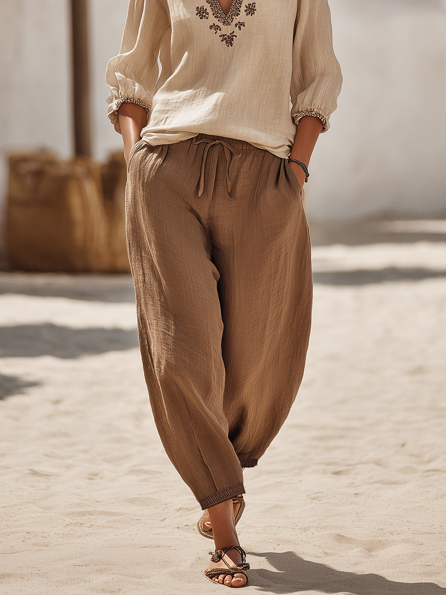 Bohemian-style Resort-style Brown Embroidered V-neck Beige Cotton-linen Top And Brown Harem Pants Set