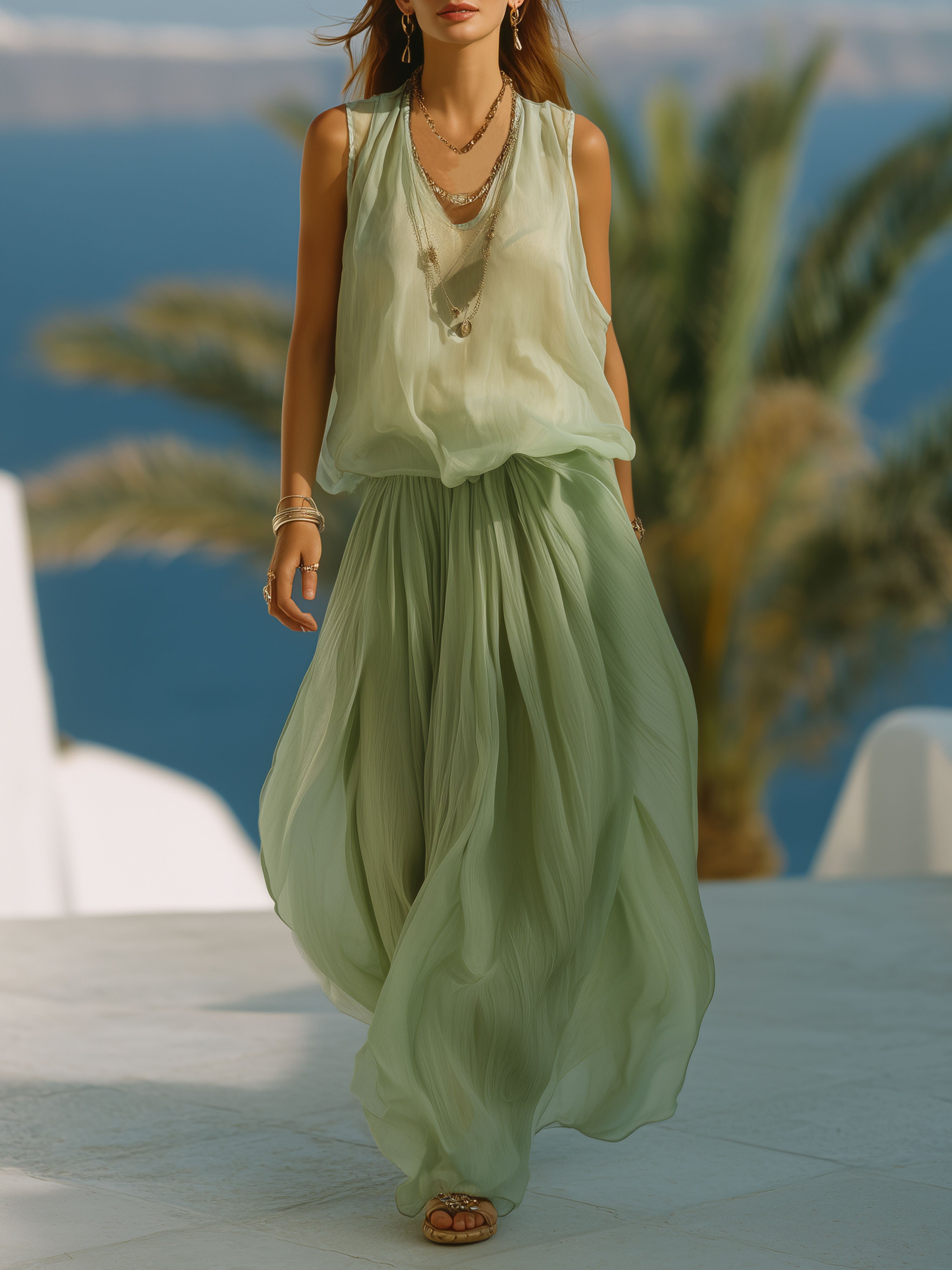 Vacation Light Green Chiffon Sleeveless Top And Long Skirt Set
