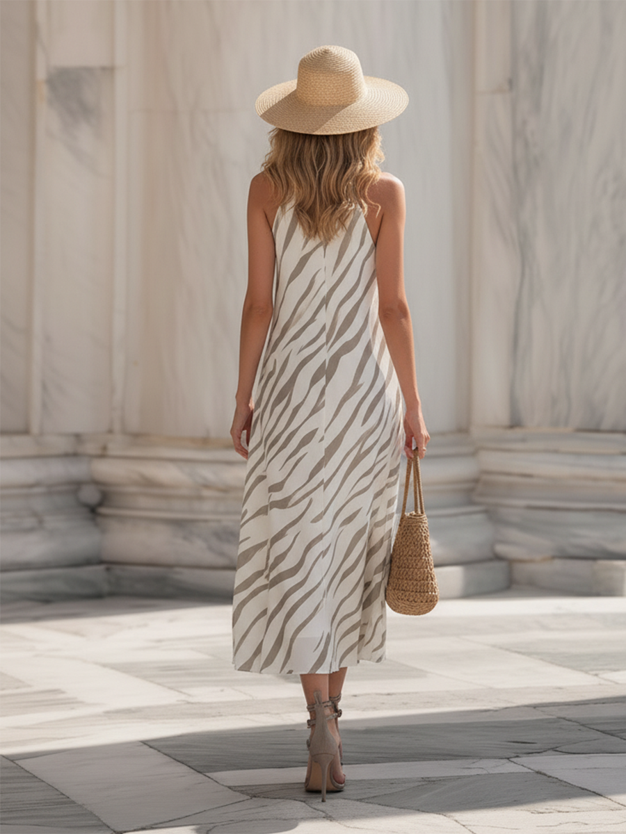 Vacation-Style Sleeveless Fashion Print Midi Dress