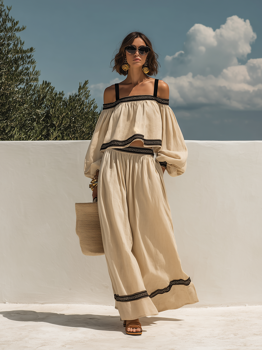 Loose-fitting Off-shoulder Short-sleeved Black Ribbon Top And Wide-leg Pants Set