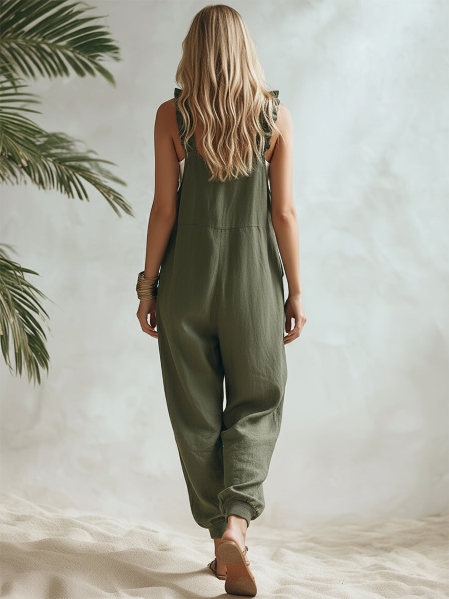 Bohemian Resort Style Olive Green Cotton Linen With Ruffled Neckline And Buttons Loose-fitting Jumpsuit.