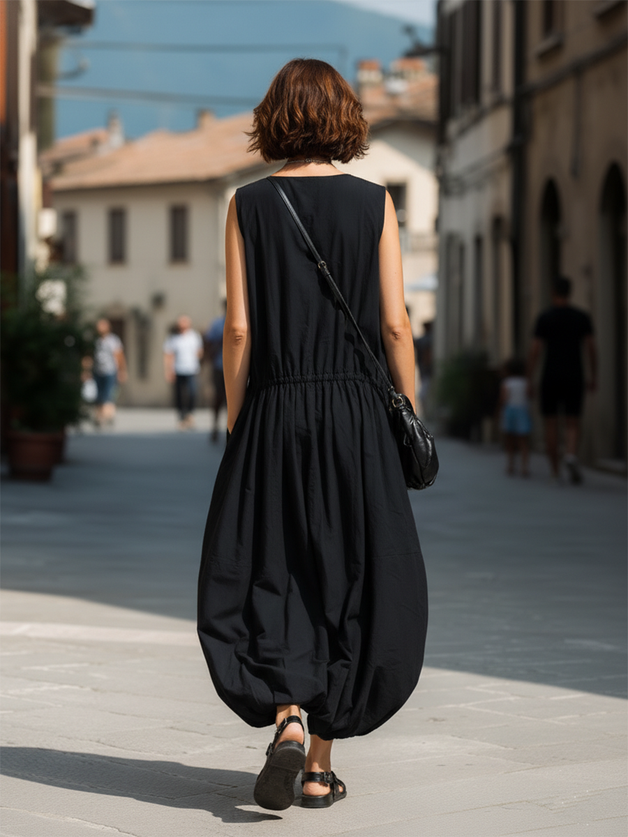 Vacation-style Black Cotton Sleeveless Loose Maxi Dress