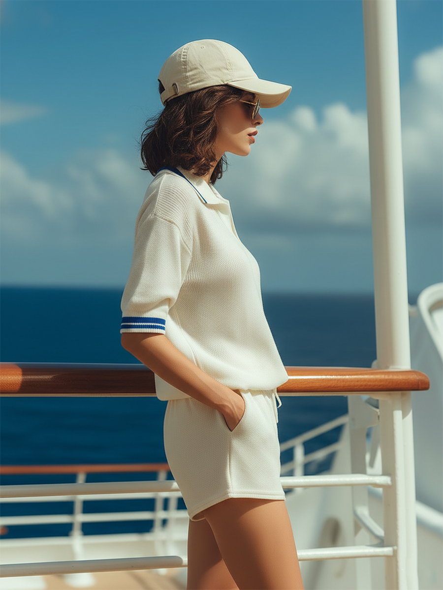 Casual Resort-style Knitted Polo Shirt And Shorts Set