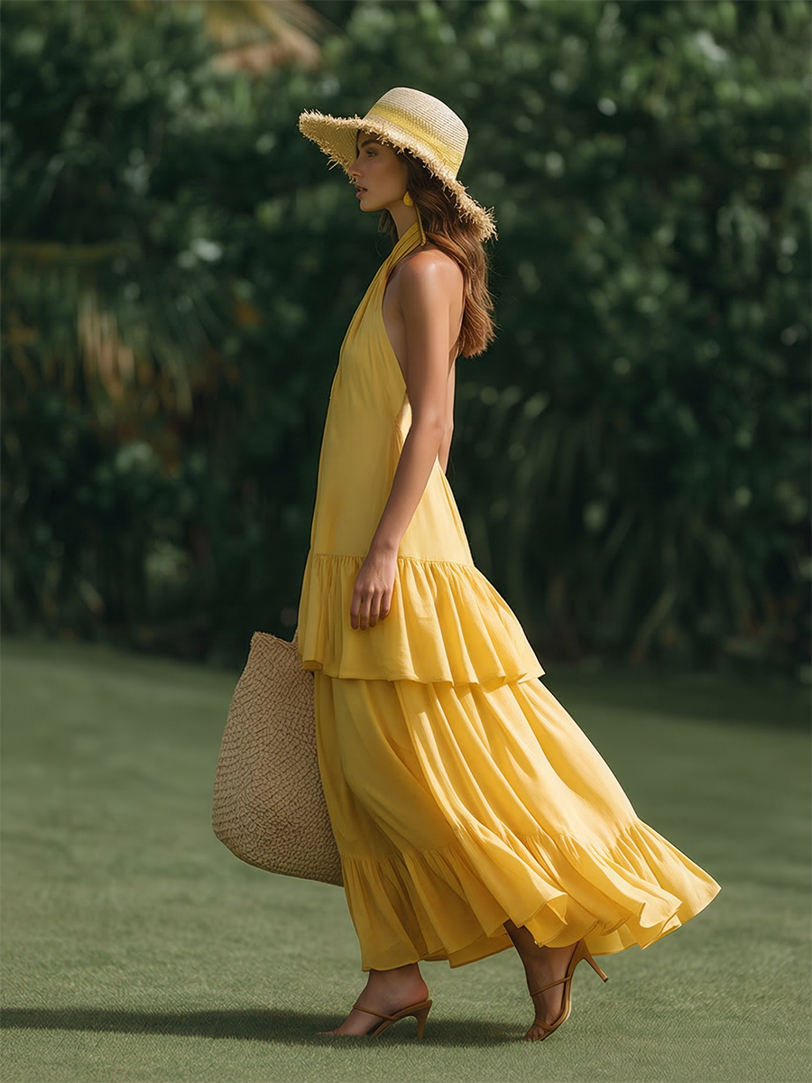 Elegant Pastoral-Style Crossover Neckline And Ruffles Cotton-Linen Maxi Dress