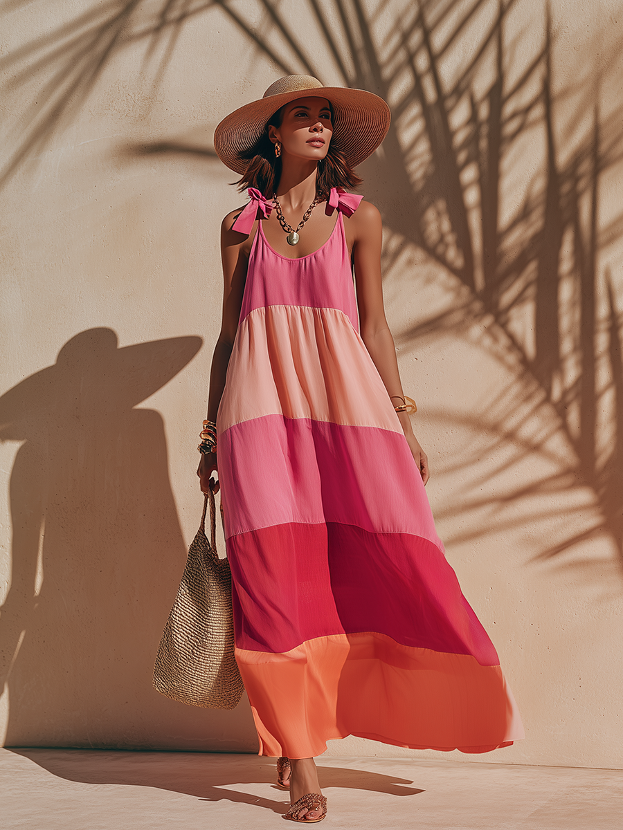 Colorful Vacation-style Patchwork Shoulder Bow Tie Straps Maxi Dress