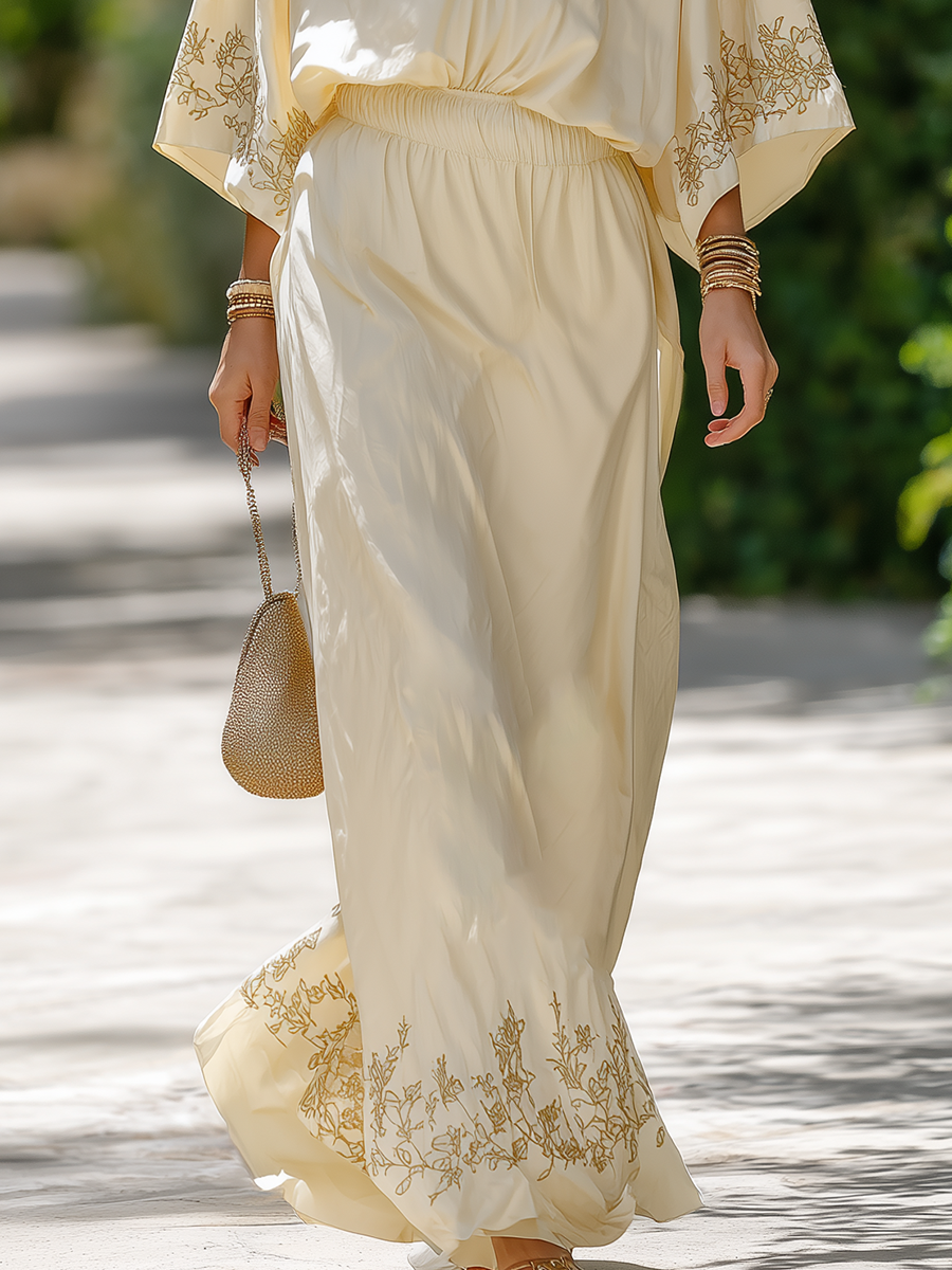 Vacation-style Cotton Embroidered Long-sleeved Top And Skirt Set