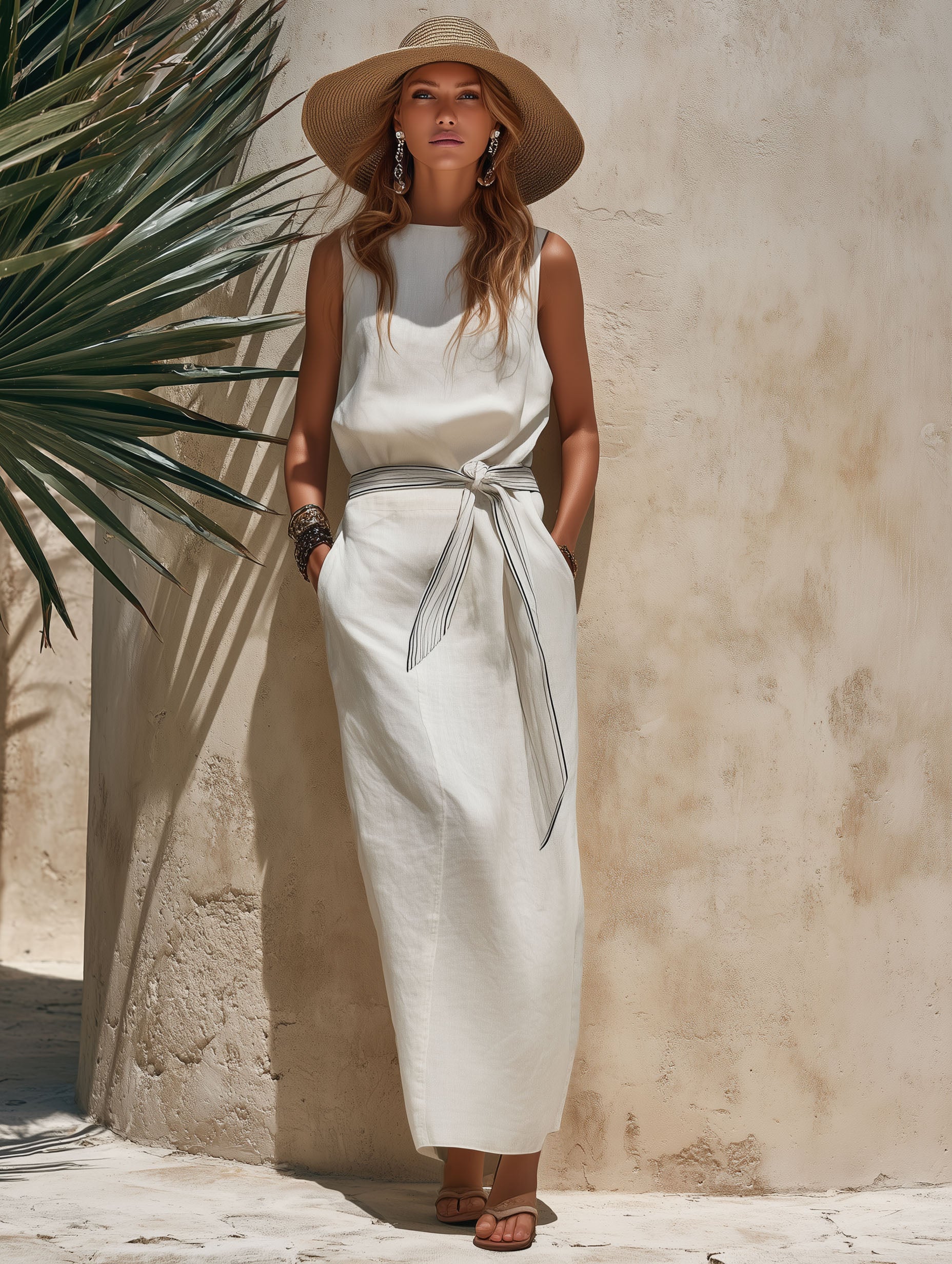Resort-Style Striped Printed Silk Scarf Tie White Cotton Linen Maxi Dress