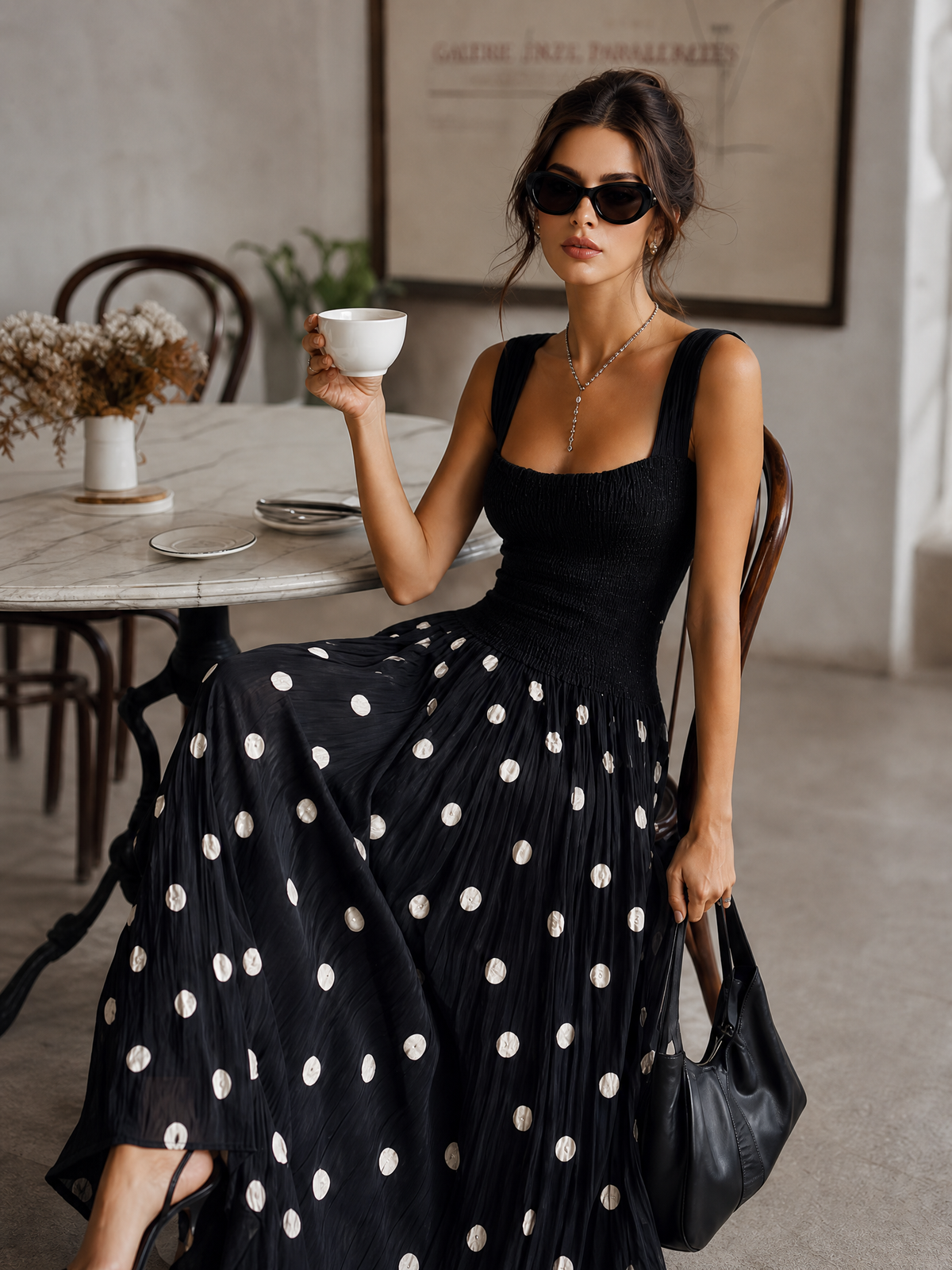 Coastal Chic Polka-Dot Sleeveless Knit And Chiffon Black Maxi Dress