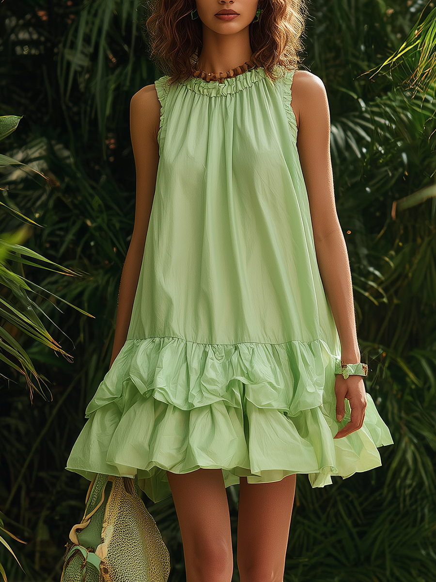Vacation-style Green Cotton Sleeveless Mini Dress