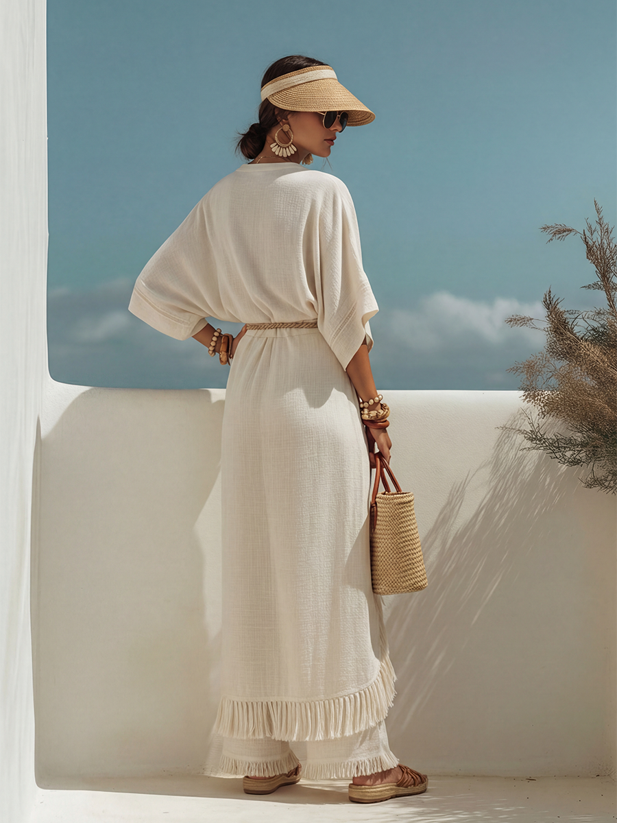 Trendy Bohemian Short-Sleeve Top And Fringe Faux Two-Piece Pants Cotton Linen Set