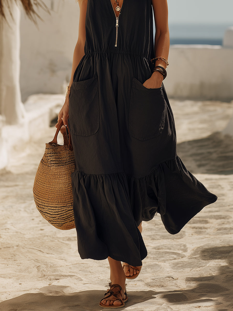 Casual Vacation Black Cotton Linen Half-zip V-neck Sleeveless Midi Dress