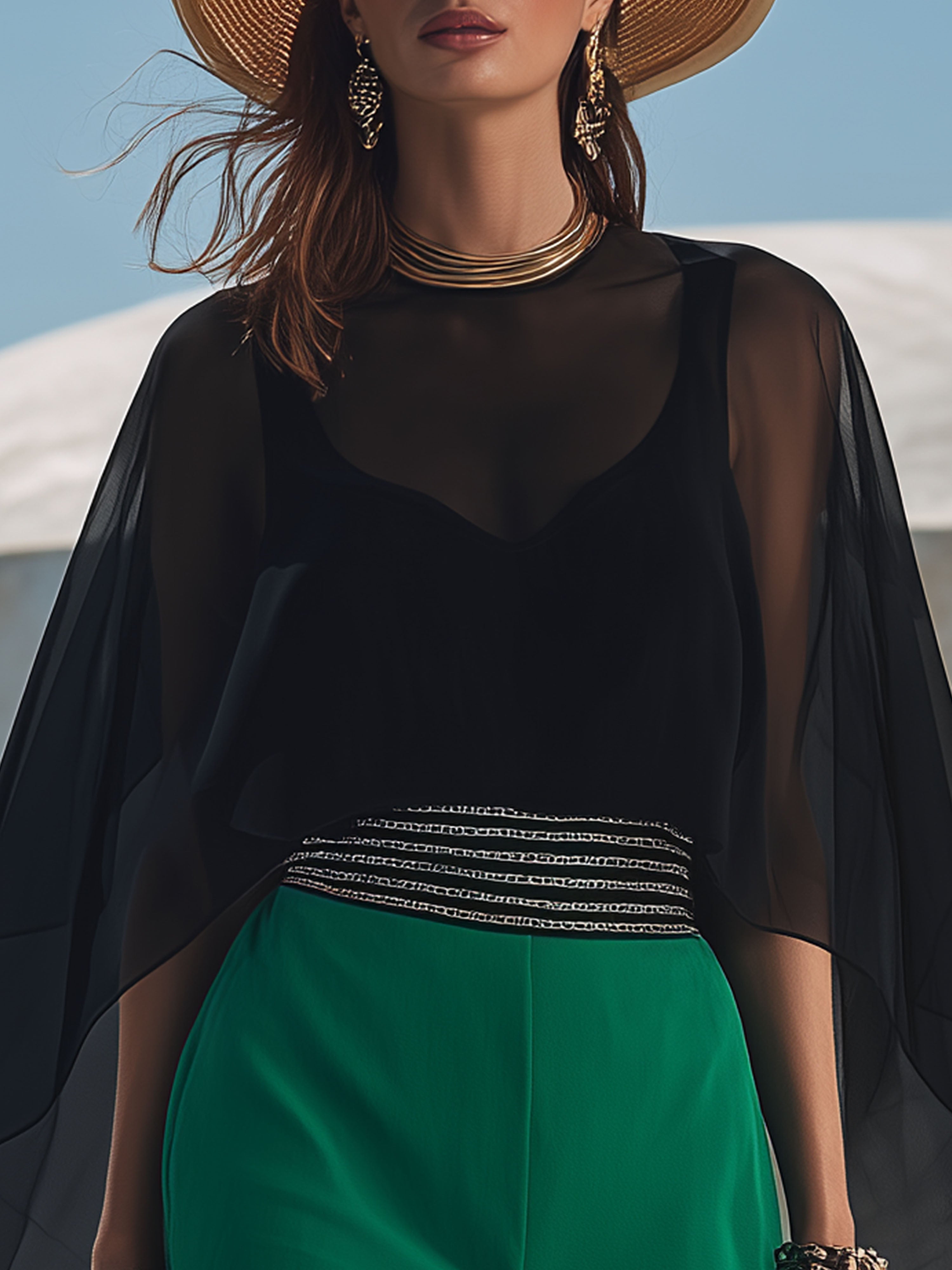 Elegant Black Tulle Top With Green Shorts Set