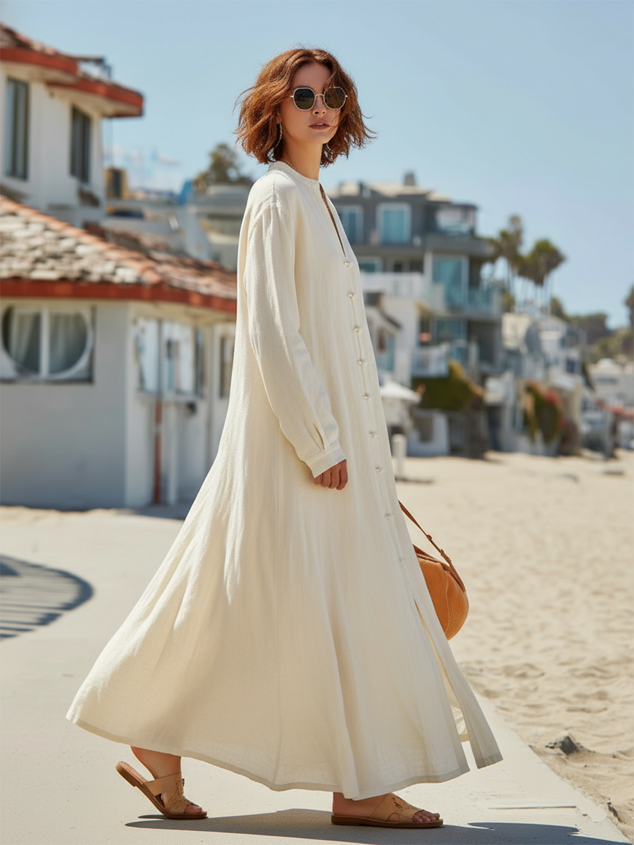Vacation-style Cotton And Linen White V-neck Maxi Dress