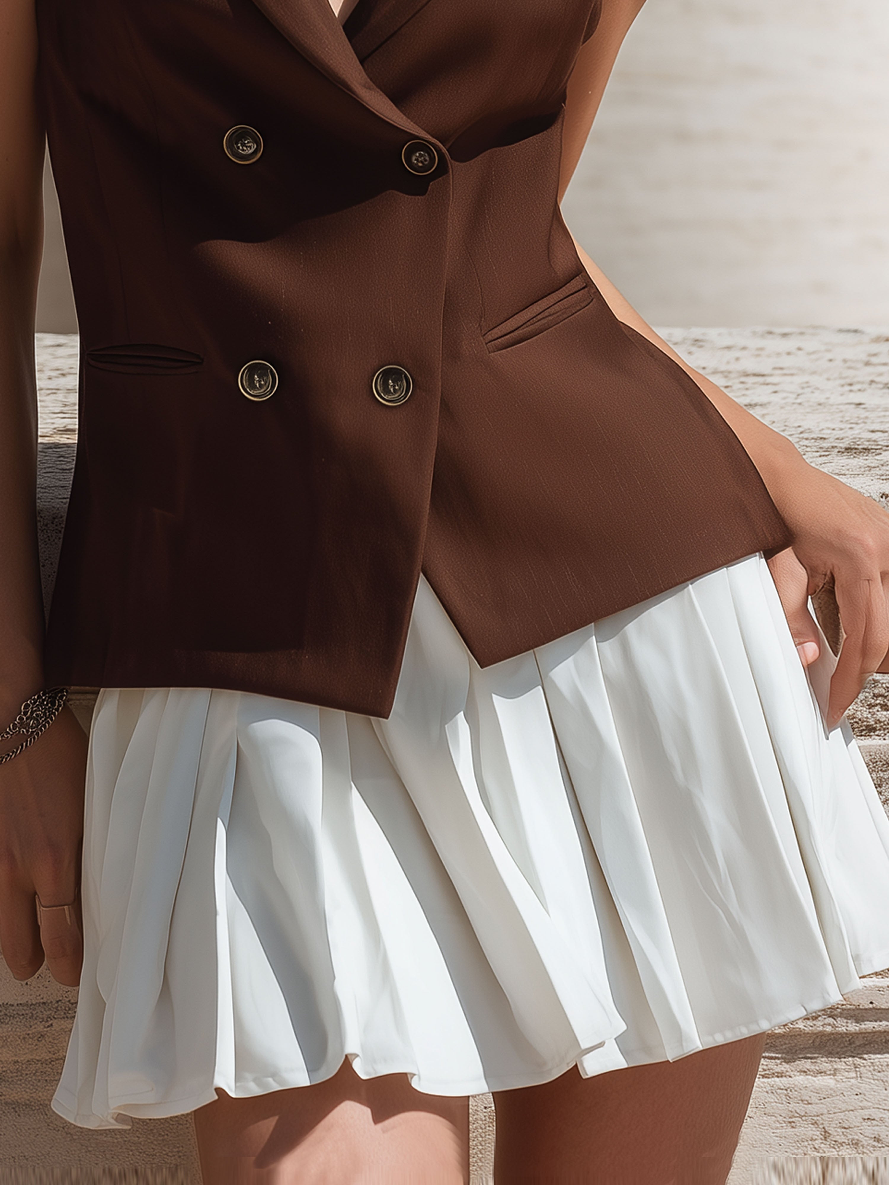 French Tencel Sleeveless Brown Vest And Pleated White Skirt Set