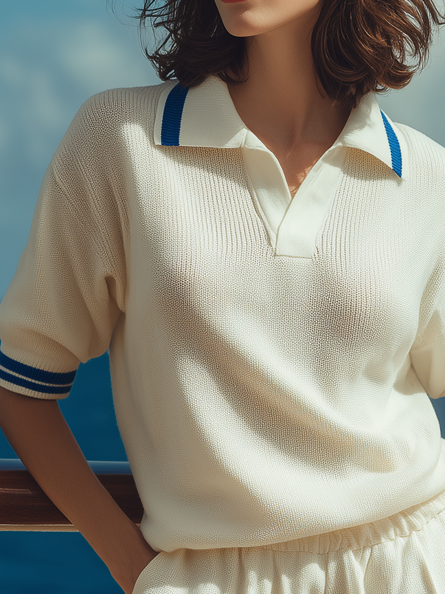 Casual Resort-style Knitted Polo Shirt And Shorts Set