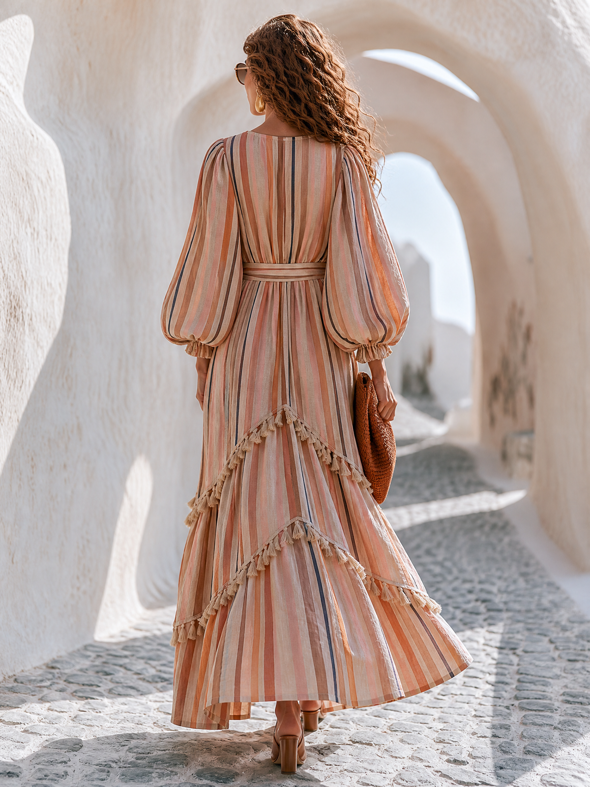 Sunset Stripe Tassel-Trim Belted Resort Maxi Dress
