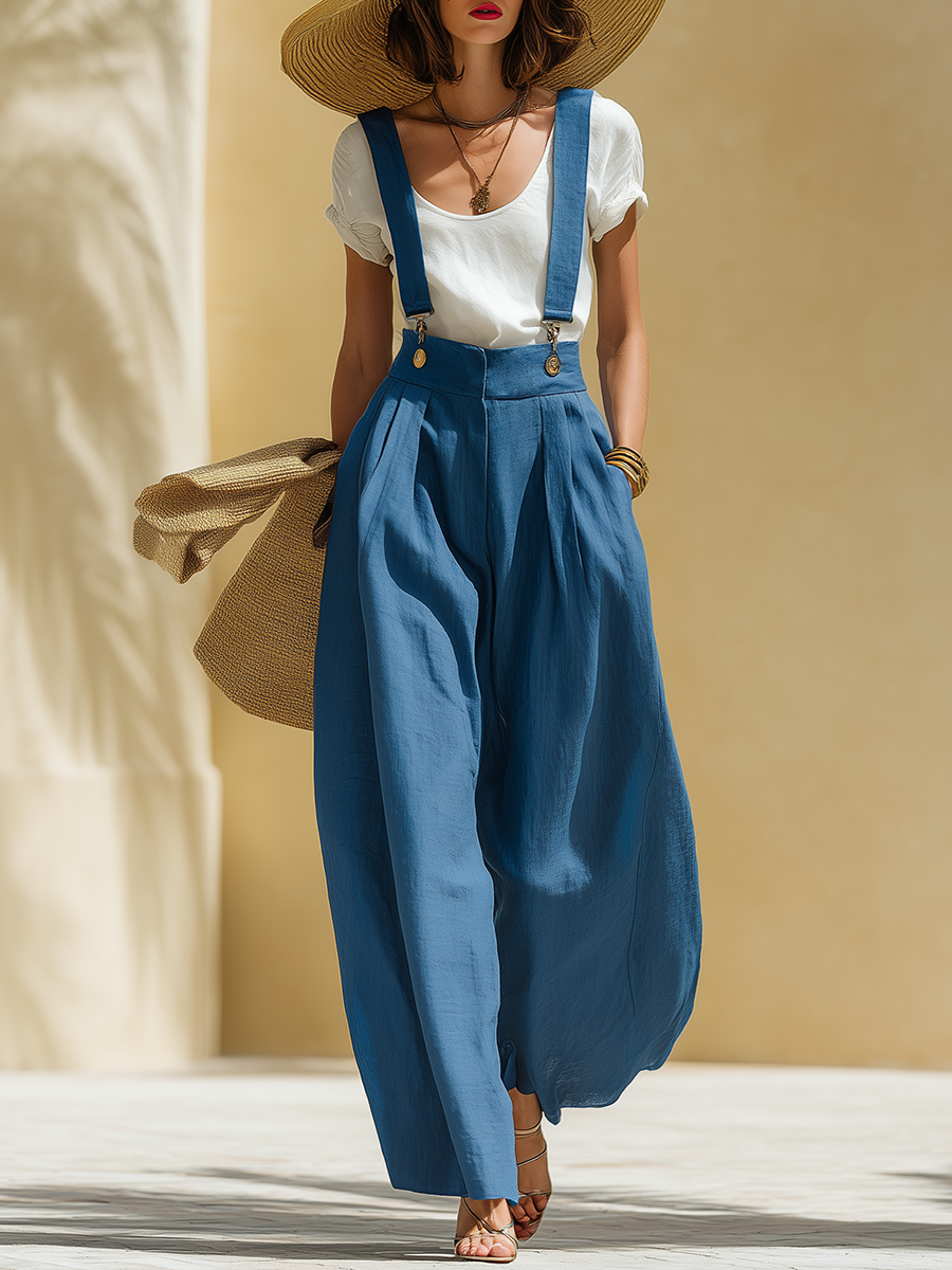 Casual Loose-Fit Blue Tencel-Linen Wide-Leg Overalls