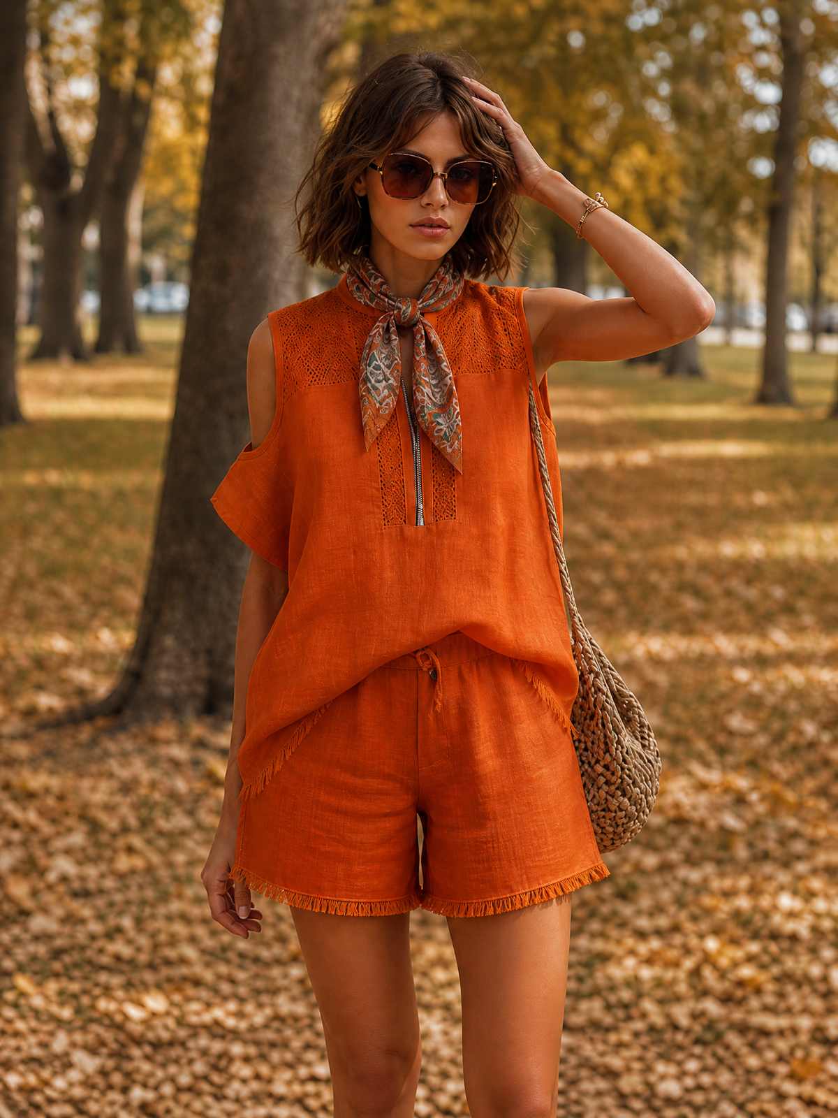 Chic Bohemian Short-Sleeve Cutout Frayed-Hem Orange Top And Shorts Set