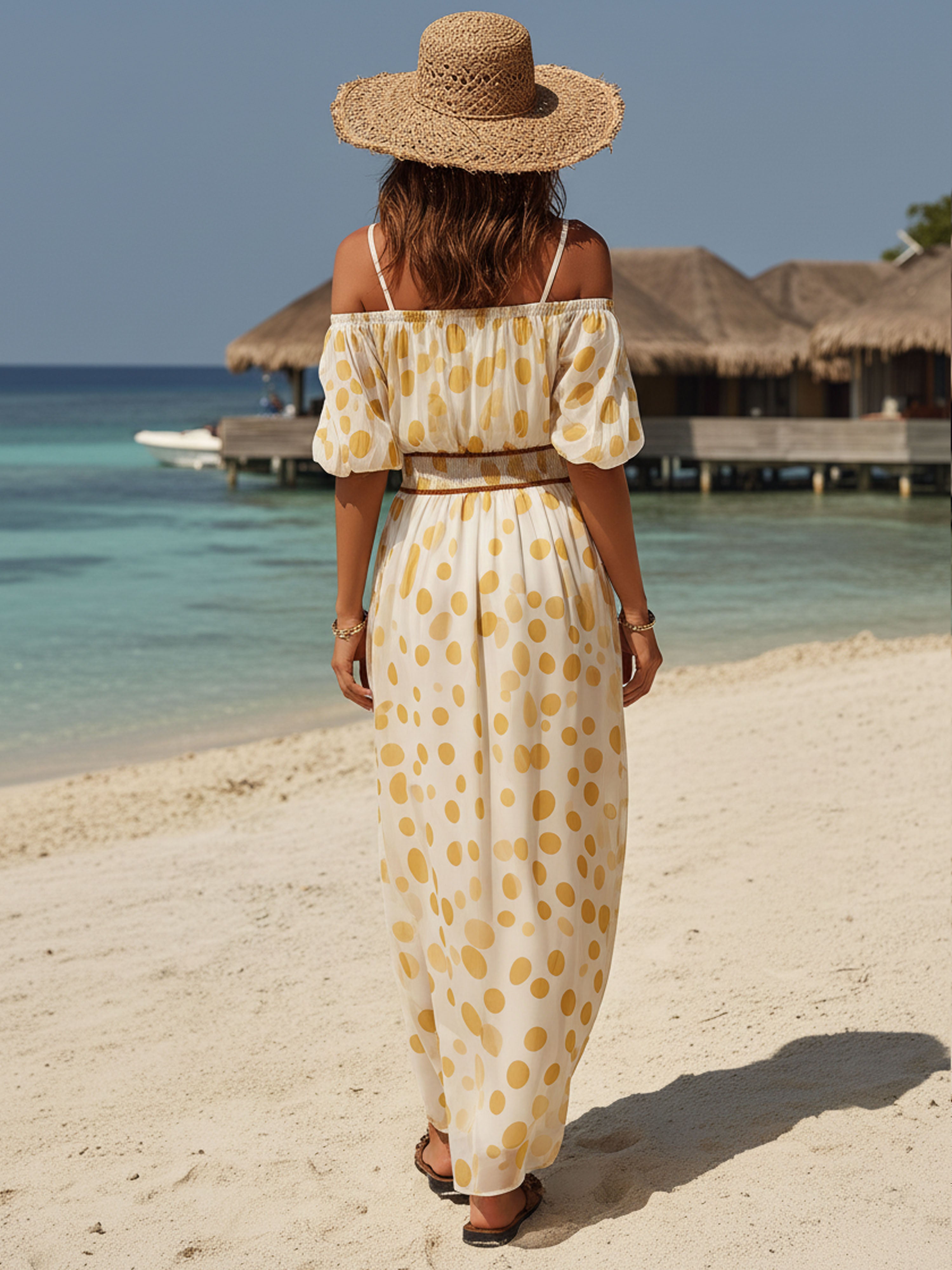 Resort Chiffon Yellow Polka Dot Off-Shoulder Beige Maxi Dress
