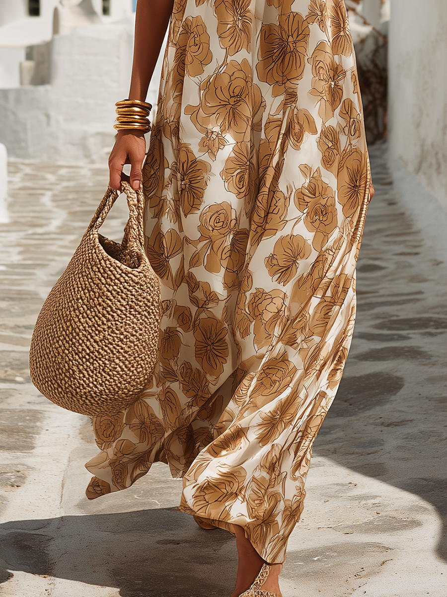 Chic Vacation Sleeveless Floral-Print Satin Maxi Dress