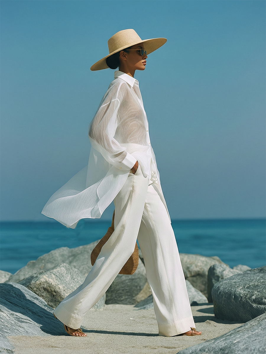 Chic Vacation White Sheer Long-sleeved Shirt And Pants Set