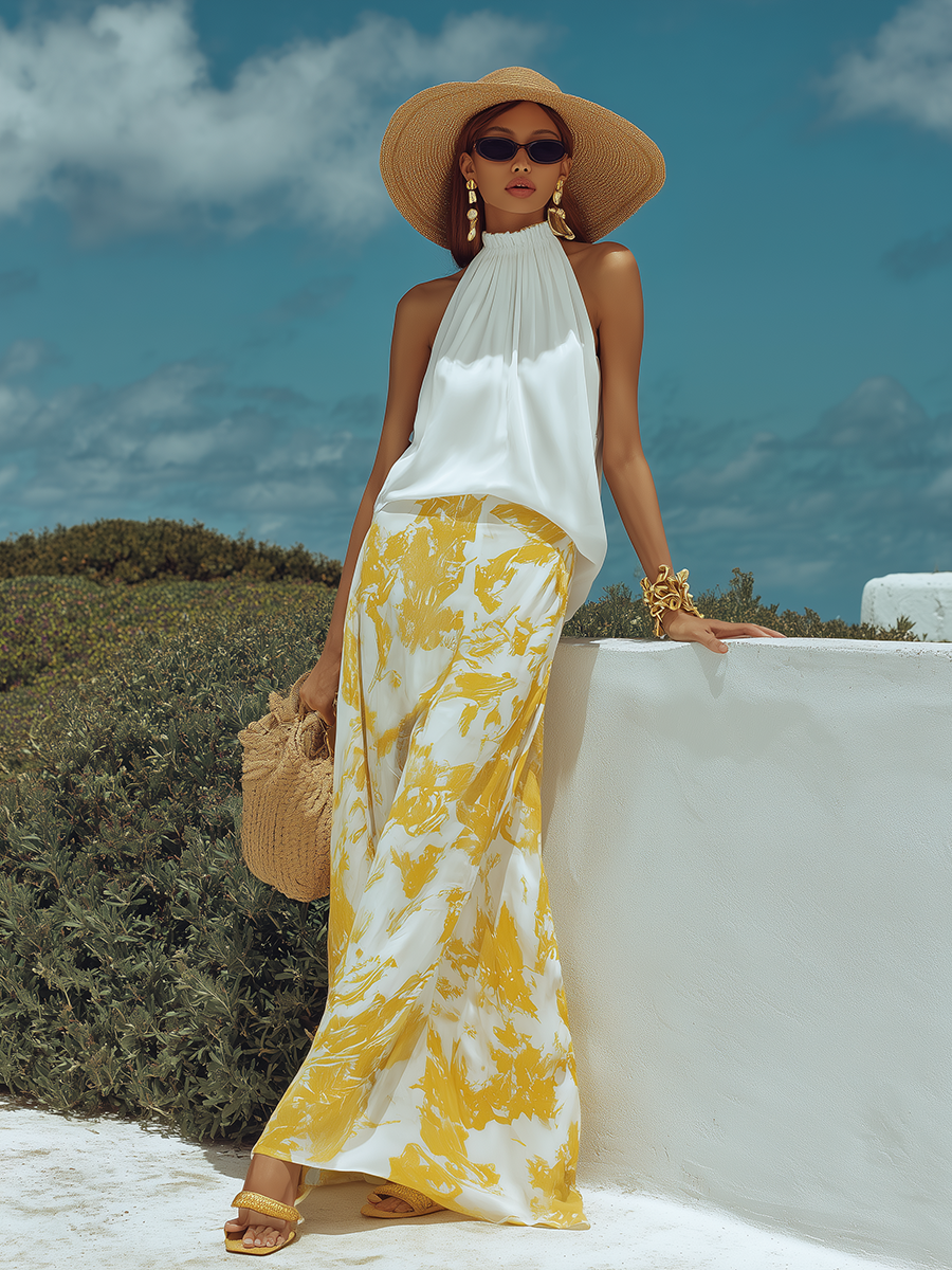 Resort-style White Sleeveless Top And Yellow Printed Skirt Set