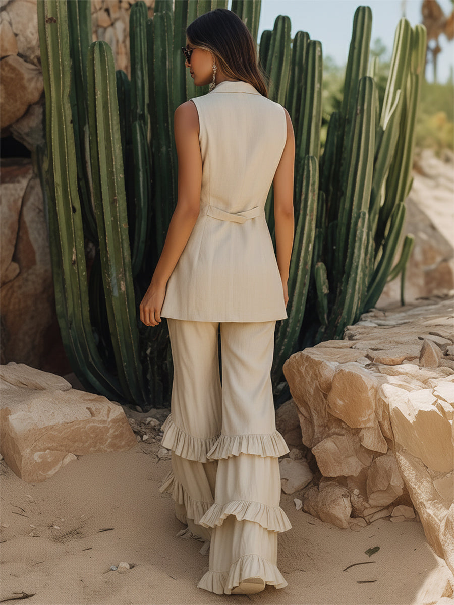 Bohemian Embroidered Off-white Cotton And Linen Vest With Ruffled Wide-leg Pants Set